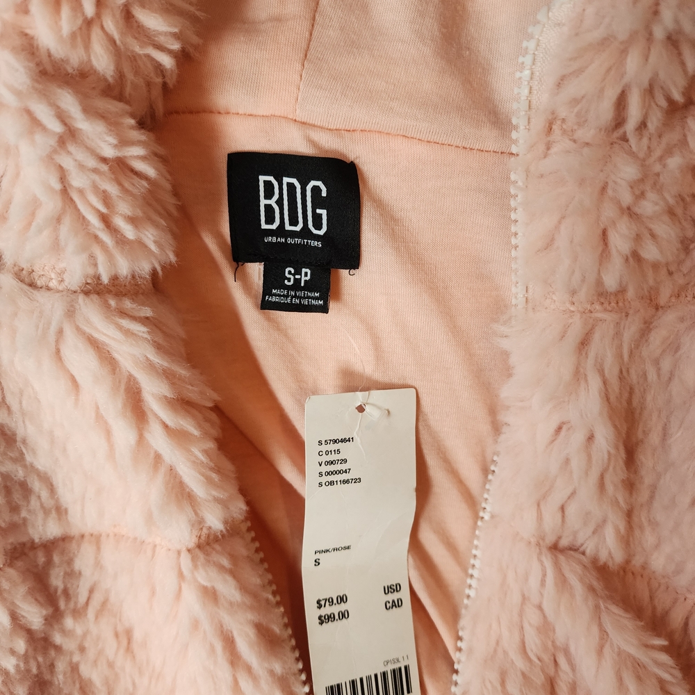 BDG Urban Outfitters Women’s Light Pink Zip Up Hoodie Sherpa Crop Jacket Small - Picture 2 of 7